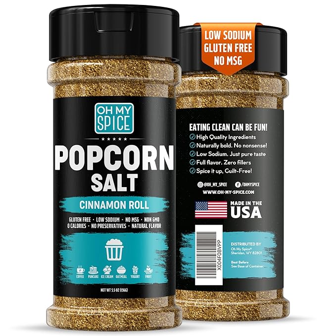 Popcorn Salt Cinnamon Roll Powder Mix - Gluten Free & Low Sodium Buttery Cinnamon Powder Popcorn Salt Seasoning. Sweet Cinammon Sugar Pop Corn Flavoring Seasoning Blend. Pop Corn Salts Topping. 5.5oz