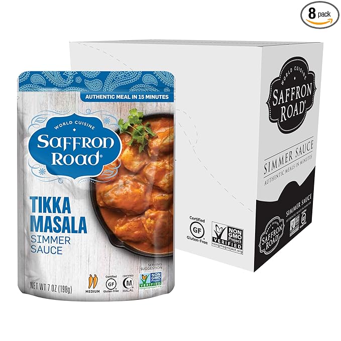 Saffron Road Tikka Masala Simmer Sauce | Globally Inspired Simmer Sauce | Gluten-free, Vegetarian, Non-GMO, and Certified Halal and Kosher | 7.0oz Pouch | Pack of 8
