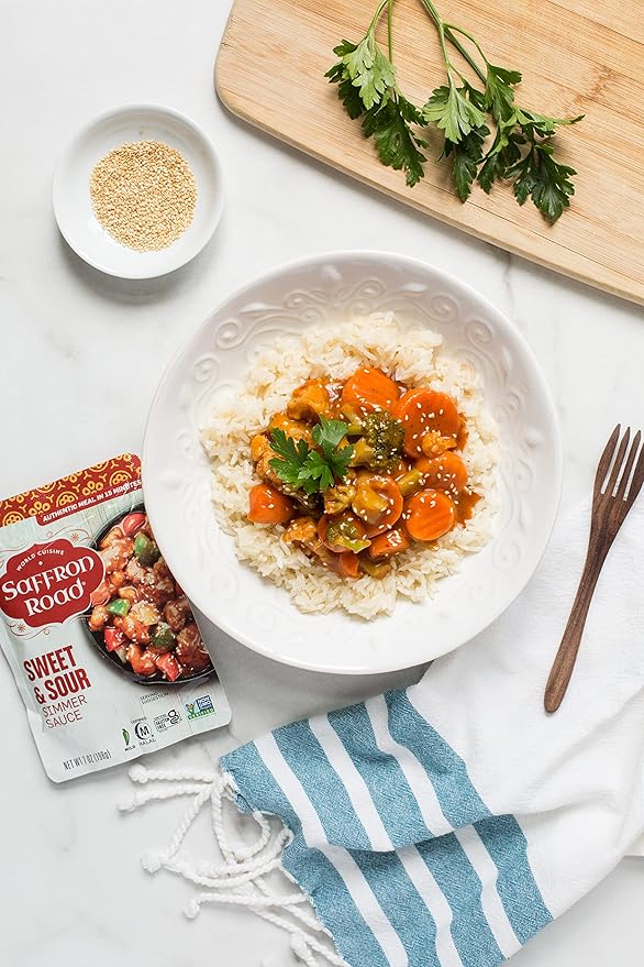 Saffron Road Sweet and Sour Simmer Sauce | Globally Inspired Simmer Sauce | Gluten-free, Vegan, Non-GMO, and Certified Halal and Kosher | 7.0oz Pouch | Pack of 8