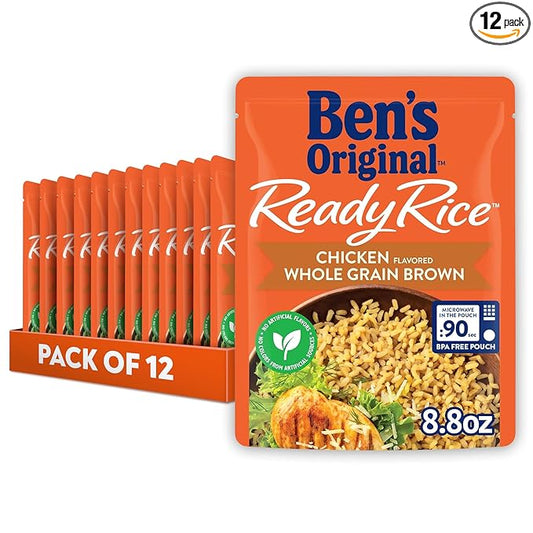 BEN'S ORIGINAL Ready Rice Chicken Flavored Whole Grain Brown Rice, Easy Flavored Rice Dinner Side, 8.8 oz Pouch (Pack of 12)