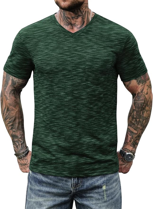 Men's V Neck T Shirts Casual Stylish Fitted Stretch Tee Shirt with Pocket (S-3XL)
