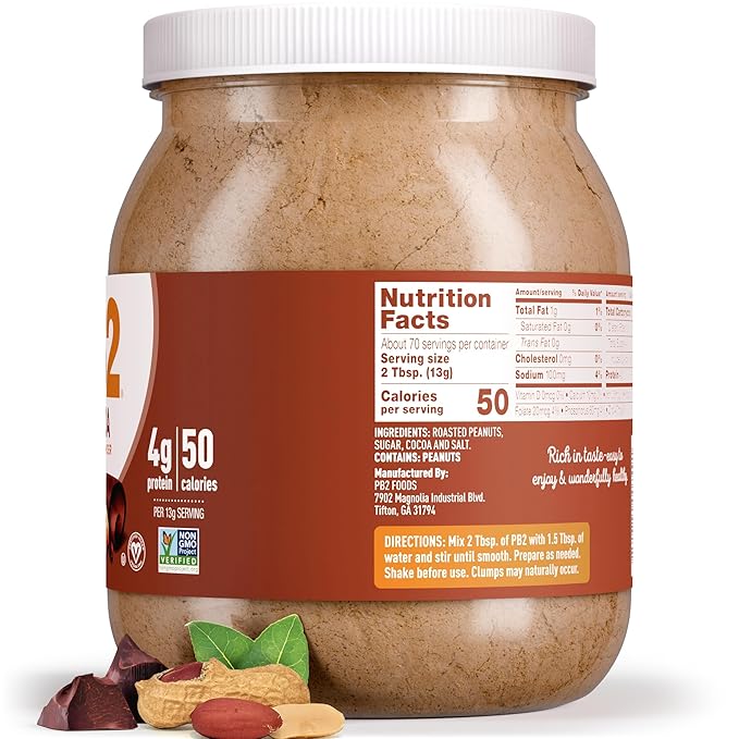 PB2 Powdered Chocolate Peanut Butter with Cocoa | 2lb Jar | 4g of Protein, 90% Less Fat, Certified Gluten Free, Only 50 Calories per Serving for Shakes, Smoothies, Low-Carb, Keto Diets