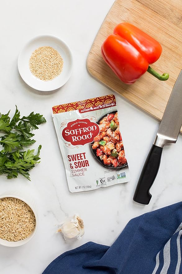 Saffron Road Sweet and Sour Simmer Sauce | Globally Inspired Simmer Sauce | Gluten-free, Vegan, Non-GMO, and Certified Halal and Kosher | 7.0oz Pouch | Pack of 8