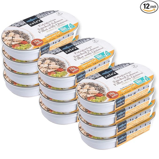 COLE’S - Patagonian Smoked Salmon Fillet with Quinoa| Ready to Eat Meal | 5.6 oz Hand-Packed Canned Fish | 19g Protein | High in Vitamin D | 12 pack