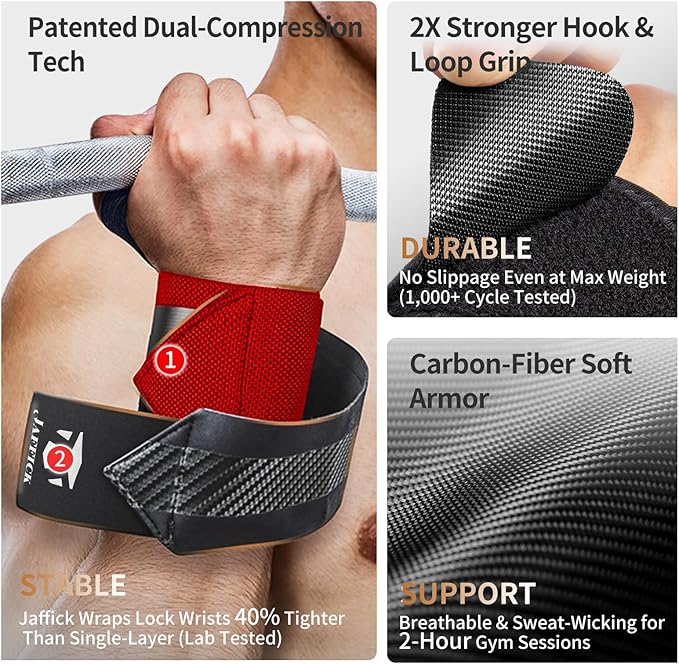 Jaffick Double-Layer Reinforced Wrist Wraps for Weightlifting - Men & Women, Thumb Loop Design for Powerlifting, Crossfit, Bodybuilding, Deadlifting - Fits Both Hands