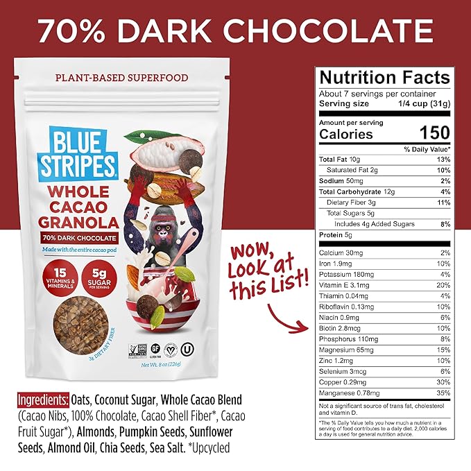 Blue Stripes Whole Cacao Granola (Dark Chocolate) - Gluten-Free, Low-Sugar, All-Natural, Non-GMO | No Refined Sugar | Vegan | No Artificial Ingredients | (2 Pack)