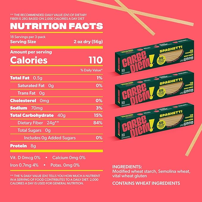 Carbe Diem!, Spaghetti, Lower Net Carb Pasta with Traditional Flavor & Texture, 55% Fewer Net Carbs & Only 110 Calories Per Serving, Pack of 3