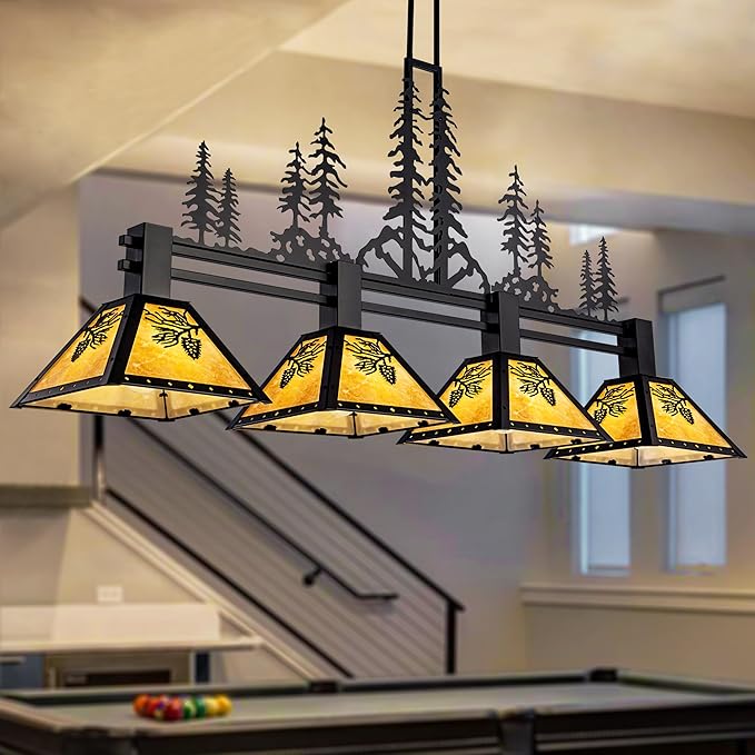 TOCHIC 64" Pool Table Light, 4 Lights Tiffany Billiard & Pool Table Lights, Farmhouse Chandelier for Dining Room Rustic Hanging Ceiling Light Fixture for 7 to 9 ft Tables Game Room Basement Bar