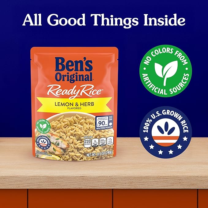BEN'S ORIGINAL READY RICE™ Lemon and Herb Flavored Rice, Easy Dinner Side, 8.5 oz Pouch (Pack of 12)
