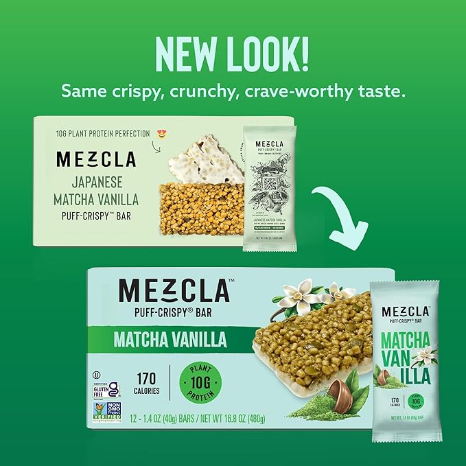 Mezcla Puff Crispy Protein Bars, Gluten Free & Vegan Protein Bars, 10g Protein, Alt for Crispy Rice Treat, Granola Bars & Breakfast Bars, Healthy Snacks for Adults (1 Count (Pack of 1), Matcha Vanilla)
