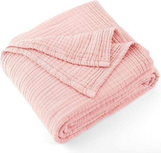 Carriediosa 100% Cotton Muslin Throw Blanket 108" X 90" King Size，4-Layers Summer Gauze Throws for Bed Couch，Soft Lightweight Breathable Linen Blankets Bedspread for Adults All Season，Dusty Pink