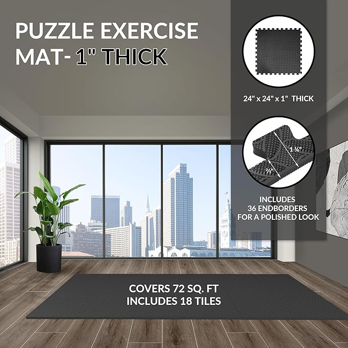 Puzzle Exercise Gym Flooring Mat, 1" Thick High-Density EVA Interlocking Tiles, Workout Mat for Home Gym, Fitness Equipment, MMA, Gymnastics, 18-Piece Shock-Absorbing Exercise Mat (72 Sq Ft)
