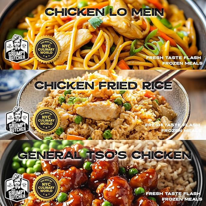 Grumpy Butcher Asian Meals Set – 6 Pack (10-15 oz each) – Chicken Lo Mein, Fried Rice, General Tso’s – Authentic Recipes Prepared Meals Ready to Eat