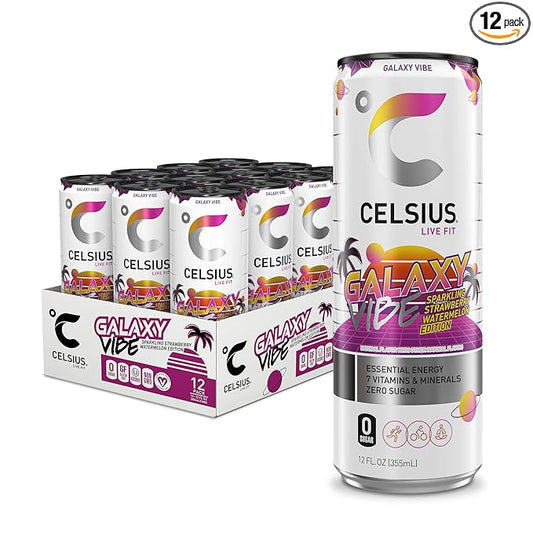 CELSIUS GALAXY VIBE Sparkling Strawberry Watermelon, Sugar Free Energy Drink, 12 Fl Oz (Pack of 12)