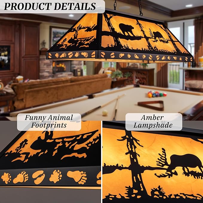 TOCHIC Rustic Pool Table Light, 4 Lights Vintage Billiards Light Fixtures, Tiffany Billiard & Pool Table Lights for Game Room Farmhouse Chandelier Man Cave Club Bar Dining Room Island 48" Inches