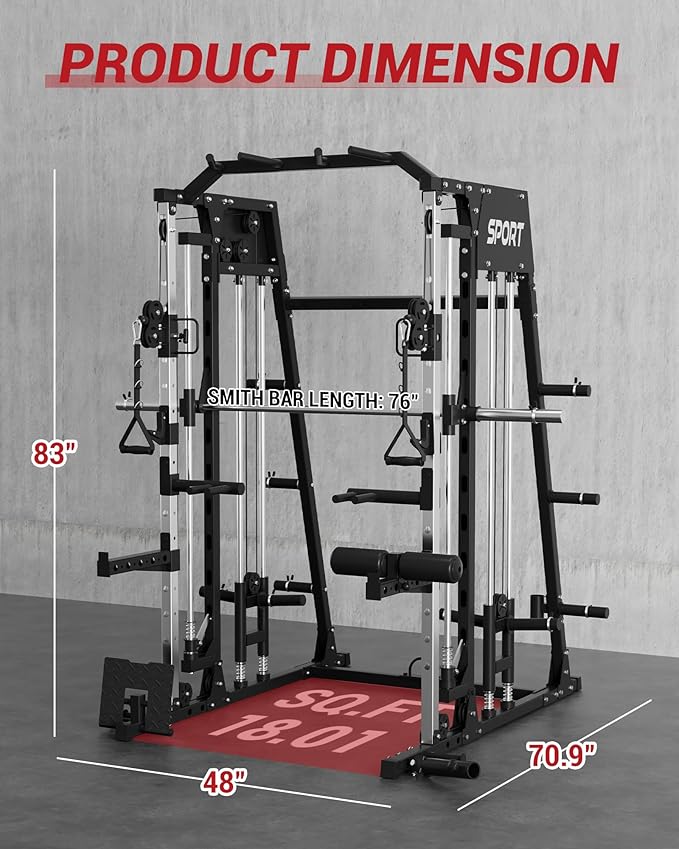Smith Machine Home Gym, 2200 LBS All in One Squat Rack Power Cage with Smith Bar, Cable Crossover System & LAT-Pull Down System, Training Equipment