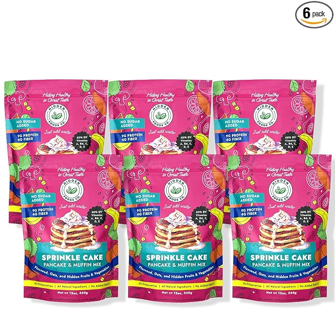Hidden Foods Sprinkle Pancake & Muffin Mix, Made With Natural Oats, Flaxseed, Fruits & Vegetables | No Added Sugars, Healthy Blend of Protein & Fiber | Breakfast Meal, Just Add Water - 12 Oz - 6 Pack