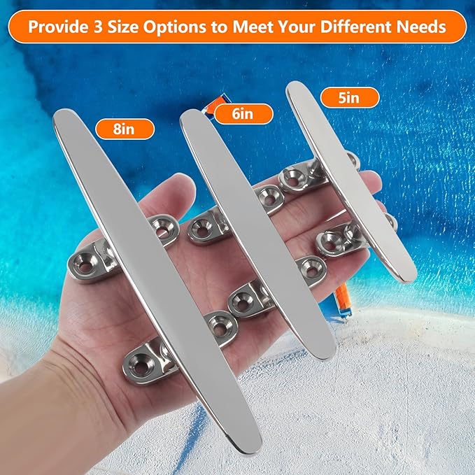 ORLANG 316 Stainless Steel Boat Cleats 5 Inch/6 Inch/8 Inch (3 Size), Open Base Dock Cleats with Fasteners, Boat Dock Cleat Rope Cleat for Boat Docks, Decks or Nautical Decor (4 Pack)