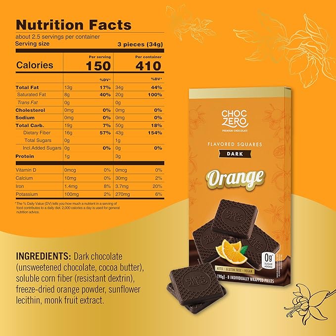 ChocZero Dark Chocolate Orange Squares, Vegan, Sugar Free, Gluten Free, Low Carb, 3.2 Ounce (Pack of 4)