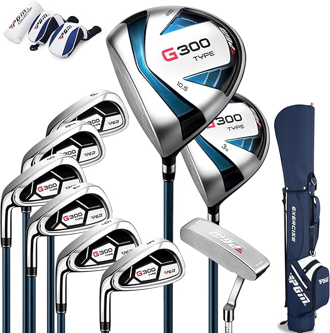 PGM Men's G Type Complete Golf Club Set - Titanium #1 Driver, Draw-Biased Hybrid, High-Strength Iron Set, High Forgiveness Putter, with Stand Bag