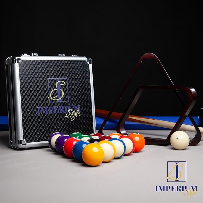Pool Balls Billiard Set - Regulation Size - 17 Pc Professional Pool Set w/ Cue Ball and Sleek Black and Silver Case - Multi Colored - Ball Size 2.25" 57.15mm
