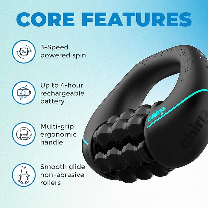 Chirp RPM Mini - Rolling Percussive Massager, Percussive Therapy, Whole Body Relief, Deep Tissue and Muscle Recovery, Percussion Massage, Rechargeable, Hands-Free Base, Powerful, 3-Speed Spin