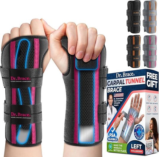 DR. BRACE Adjustable Wrist Brace Night Support for Carpal Tunnel, Doctor Developed, Upgraded with Double Splint & Therapeutic Cushion, Hand Brace For Pain Relief, Injuries, Sprains