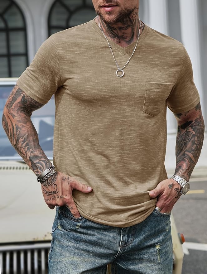 Men's V Neck T Shirts Casual Stylish Fitted Stretch Tee Shirt with Pocket (S-3XL)
