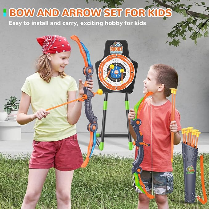 GMAOPHY Bow and Arrow for 5 6 7 8 9 10 11+ Year Old Boys, Birthday Gift for Kids, Indoor Outdoor Activity Toys, 2 Pack LED Light Up Archery Toy with 20 Suction Cup Arrows, Standing Target, 2 Quiver