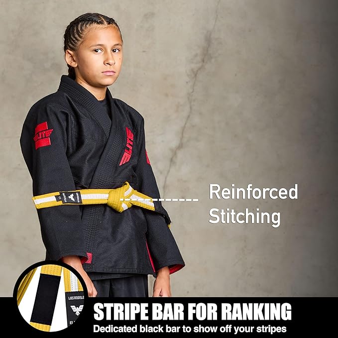 Elite Sports Kids Brazilian Jiu Jitsu Belts Preshurunk Martial Arts Youth BJJ Belts for Girls & Boys with BJJ Ranking Stripes
