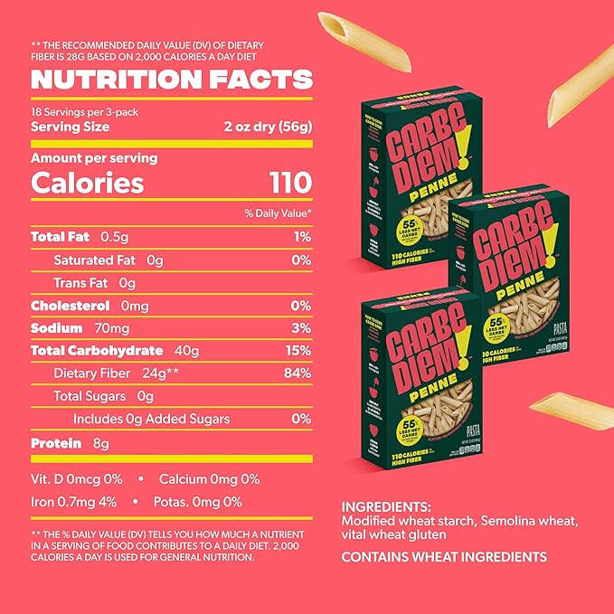 Carbe Diem!, Penne, Lower Net Carb Pasta with Traditional Flavor & Texture, 55% Fewer Net Carbs & Only 110 Calories Per Serving, Pack of 3