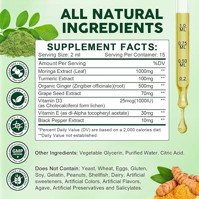 (2 Pack) Organic Moringa Liquid Drops, Moringa Supplement with Turmeric, Black Pepper, Grape Seed Extract, Pure Moringa Oleifera Leaf Extract for Skin, Gut, Immune Support, More Potency Than Powder