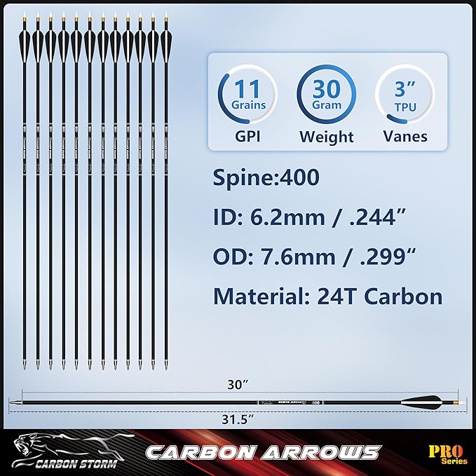 SUNYA 12-Pack 30 Inch Carbon Arrows Spine 500 or 400 for 40-60 LBS Bows｜Switch to Recurve/Compound Modes, Anti-Loose O-Ring & TPU Vanes for Hunting/Target Practice