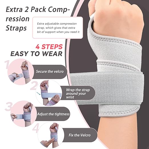 Wrist Support Brace for Carpal Tunnel 2 Pack Right Left Hand, Wrist Wraps for Women Men, Adjustable Wrist Compression Brace for Tendonitis, Arthritis, Weightlifting, Sports, Day Night Support, Grey