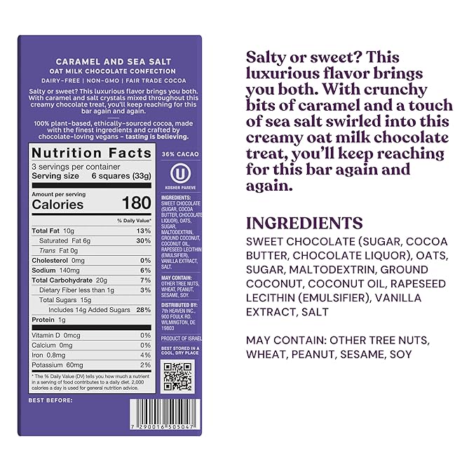 7th Heaven, Vegan Caramel and Sea Salt Oat Milk Chocolate Bars (3.5oz Full Size Candy Bars - 4 Packs) - Perfect for Easter Candy, Plant Based Dairy Free Chocolate with Peanut Butter Filling, Fair Trade Cocoa & Coconut Oil, Kosher Parve