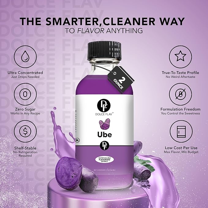 Dolce Flav Purple Ube Extract – 2 Ounce Water-Soluble Kosher, Sugar-Free, Concentrated Sweet Ube Flavoring for Baking, Ice Cream & Pastries, Includes Measured Dropper