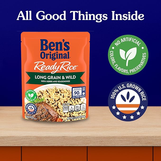 BEN'S ORIGINAL Ready Rice Long Grain and Wild Flavored Rice, Easy Dinner Side, 8.8 oz Pouch (Pack of 12)
