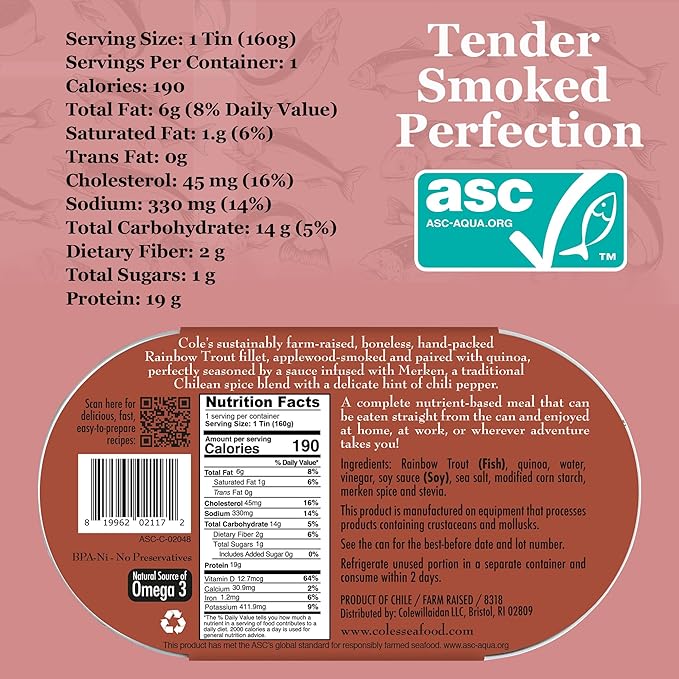 COLE’S - Smoked Rainbow Trout Fillet with Quinoa | Open & Ready to Eat Meal | 5.6 oz Canned & Hand-Packed | 19g Protein | High in Vitamin D | 1 unit