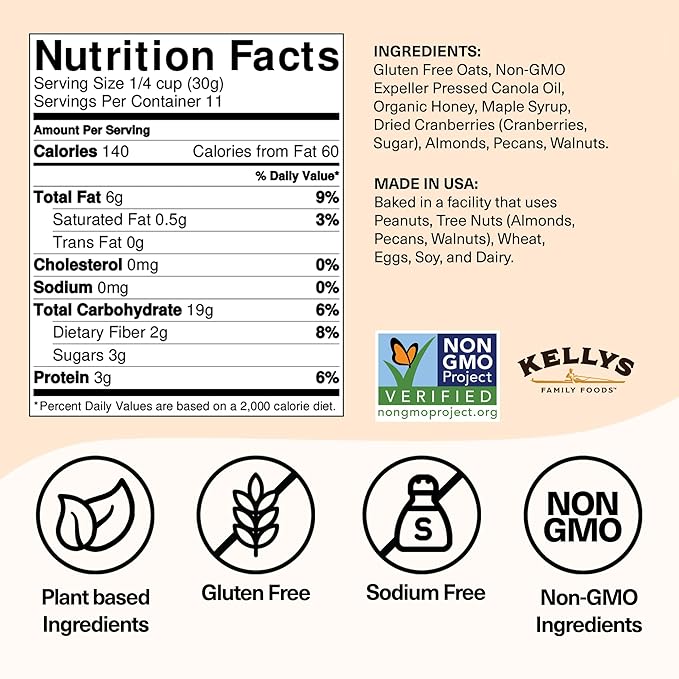 Kelly's Four Plus (Cranberry Nut) Granola Cereal with Whole Grain Oats, Honey, Maple Syrup - Non-GMO, Low Sugar, Sodium Free and Gluten Free Granola for Yogurt - 12oz