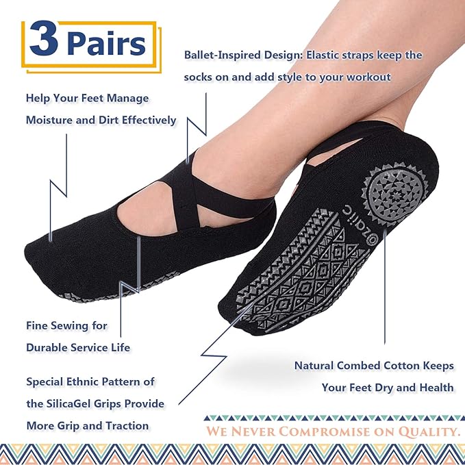 Ozaiic Yoga Socks for Women Non-Slip Grips & Straps, Ideal for Pilates, Pure Barre, Ballet, Dance, Barefoot Workout