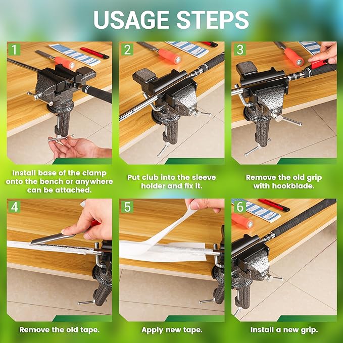 Liaakrr Golf Grip Kit for Regripping Golf Clubs, Golf Club Regripping Kit- Portable Table Vise Clamp, Hook Blade, 13 Tape Strips (2"x10"), Rubber Sleeve for DIY/Pro Club Repair-Complete Grip Replacement Tool Set for Home or Travel