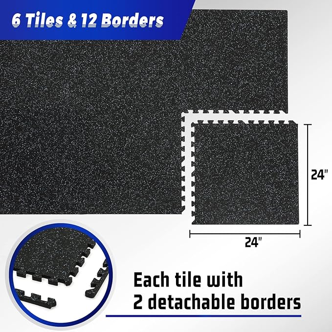 SUPERJARE 0.56'' Thick 6 Pcs 24 Sq Ft Rubber Top Exercise Equipment Mats, High Density EVA Foam Mats with Rubber Top, Interlocking Gym Flooring for Home Gym, Protective Workout Mat, Black/Blue