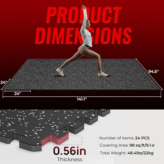 SUPERJARE 0.56'' Thick 24 Pcs 96 Sq Ft Rubber Top Exercise Equipment Mats, High Density EVA Foam Mats with Rubber Top, Interlocking Gym Flooring for Home Gym, Protective Workout Mat, Black/Grey