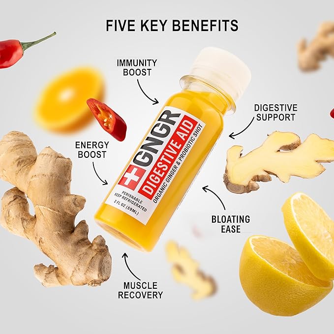 +GNGR Digestive Aid Organic Ginger Shots with Probiotics, Gut Health, Colon Cleanse, Bloating Relief, Gut Detox, Immunity Shots with Ginger Juice, Turmeric, Black Pepper. (2 Oz, Pack of 12)