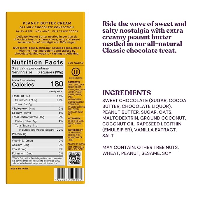 7th Heaven, Vegan Peanut Butter Cream Oat Milk Chocolate Bar (3.5oz Full Size Candy Bars - 4 Packs) - Perfect for Easter Candy, Plant Based Dairy Free Chocolate with Peanut Butter Filling, Fair Trade Cocoa & Coconut Oil, Kosher Parve