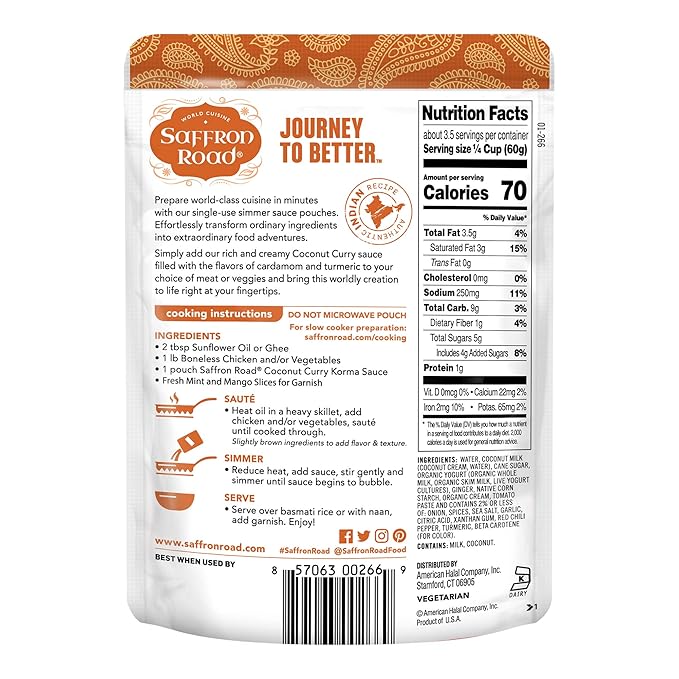 Saffron Road Coconut Curry Simmer Sauce | Globally Inspired Simmer Sauce | Gluten-free, Vegetarian, Non-GMO, and Certified Halal and Kosher | 7.0oz Pouch | Pack of 8
