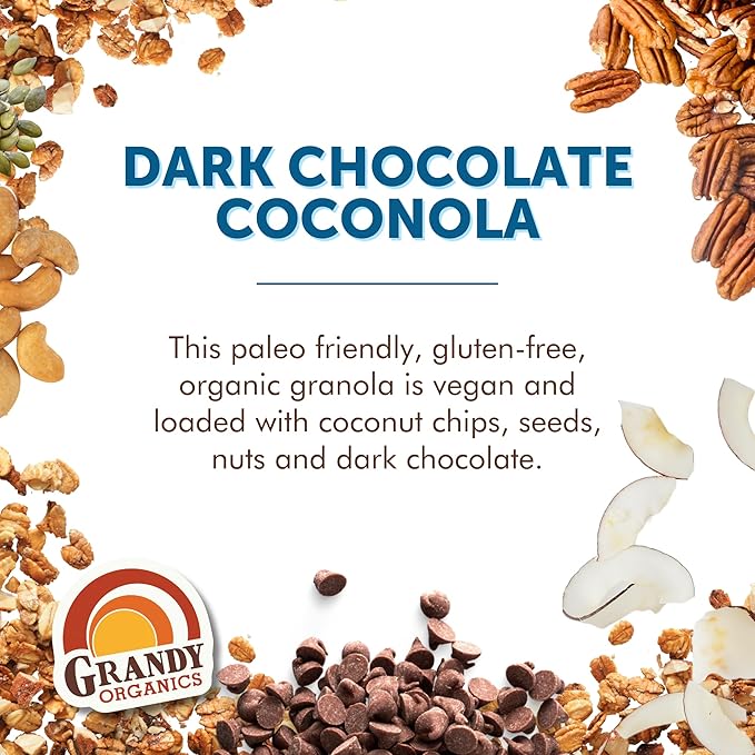 Grandy Organics Dark Chocolate Coconola Granola, Certified Organic Gluten Free Granola, Grain Free, Chocolate Flavored Coconola, Kosher Certified, Paleo Friendly, 9oz Each, Pack of 6
