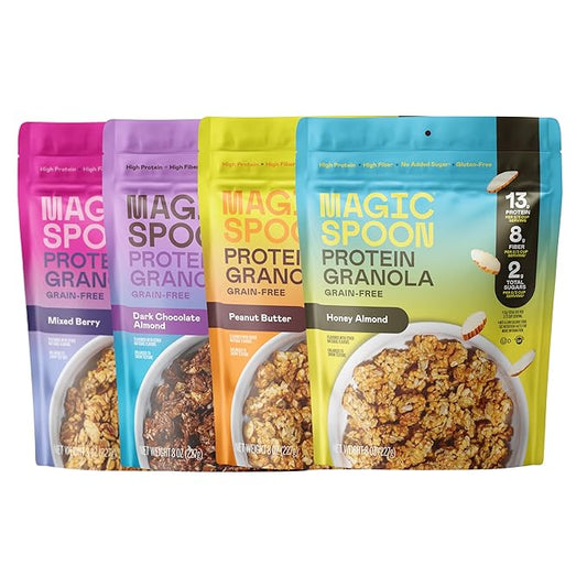 Magic Spoon Protein Granola - High Protein Granola, Keto Friendly, Low Sugar, Grain Free, Healthy Breakfast or Quick Snack (1 bag of each: Honey Almond, Dark Chocolate Almond, Peanut Butter, Mixed Berry)