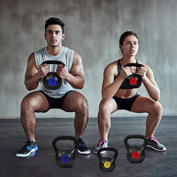 Fitvids Wide Grip 3-Piece or 4-Piece Kettlebell Exercise Fitness Weight Set, Include 5 lbs, 10 lbs, 15 lbs and 20 lbs, Set of 3 or Set of 4