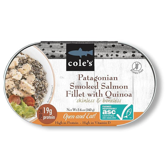 COLE’S - Patagonian Smoked Salmon Fillet with Quinoa| Ready to Eat Meal | 5.6 oz Hand-Packed Canned Fish | 19g Protein | High in Vitamin D | 1 Unit